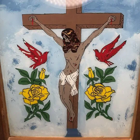 Vintage 1977 Attica Prison Inmate Folk Art Hand Painted Glass Jesus Crucifixion - Picture 11 of 16